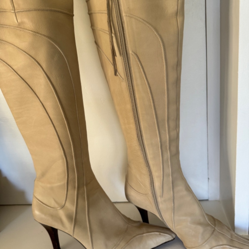 DKNY Ecru/White Tall Knee High Boots. Made in Spain